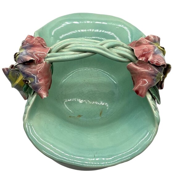 Handmade Ceramic Basket Bowl With Floral Handle Green With Lilies 10.5"x 5" - Picture 5 of 10